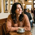 Femme aux cheveux bouclés souriante dans un café parisien, illustrant une histoire de couple en 2026