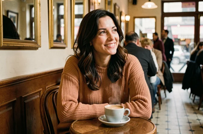 Femme aux cheveux bouclés souriante dans un café parisien, illustrant une histoire de couple en 2026