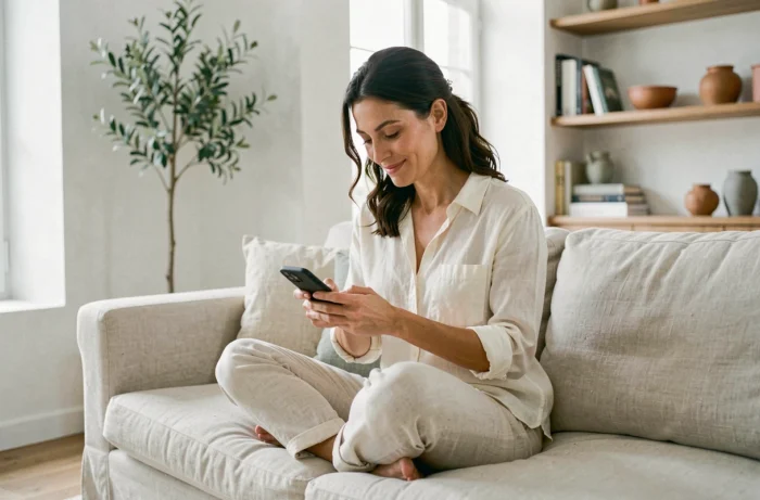 Femme souriante regardant son téléphone sur un canapé dans un appartement moderne, évoquant une relation amoureuse épanouie