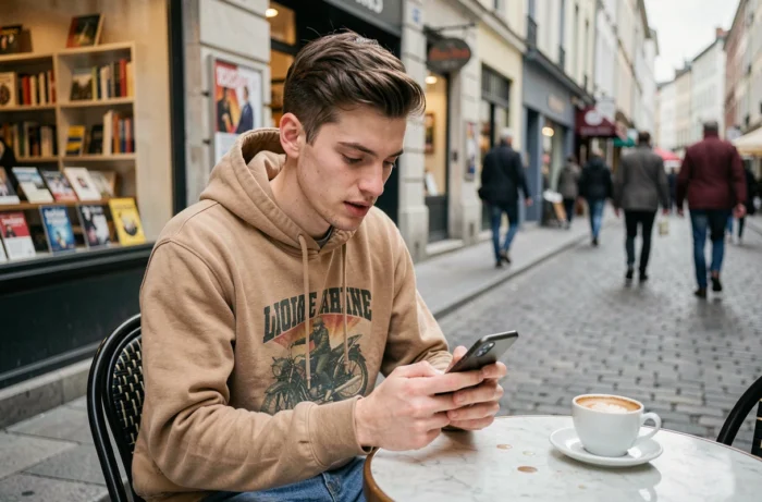 Giovane uomo che consulta il suo smartphone in un caffè all'aperto, scoprendo le ultime tendenze della pop culture online