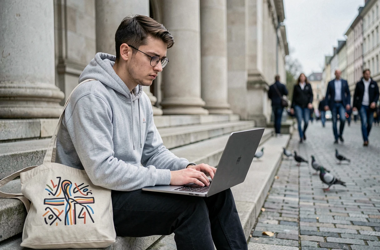 Jeune homme engagé utilisant un ordinateur portable devant un bâtiment institutionnel pour accéder à l'information indépendante