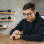 Jeune homme geek examinant une smartwatch connectée dans un bureau moderne high-tech