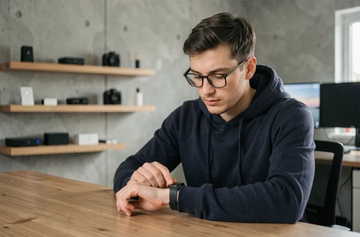 Jeune homme geek examinant une smartwatch connectée dans un bureau moderne high-tech