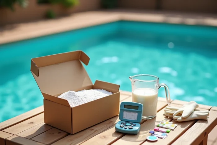 Kit de test de pH, gants et percarbonate de soude posés sur une table en bois au bord d'une piscine pour l'entretien de l'eau