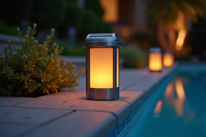 Lanternes solaires nomades disposées autour d'une piscine hors sol au crépuscule créant une ambiance chaleureuse et décorative
