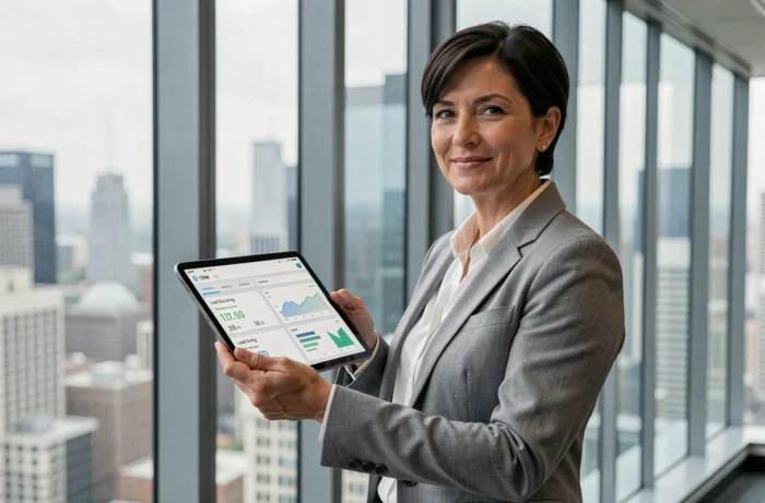 Femme cadre consultant des leads qualifiés sur une tablette avec vue urbaine en arrière-plan dans un bureau en hauteur