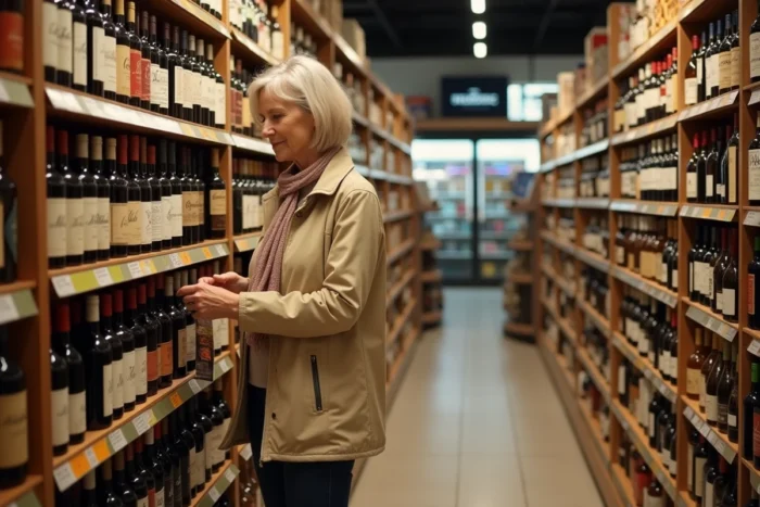 Femme faisant ses achats dans un magasin duty-free de Dancharia, rayon alcool et vins espagnols moins chers
