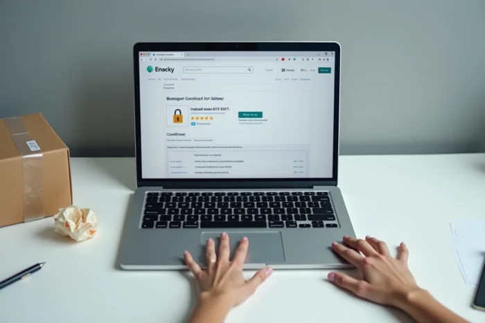 Gros plan d'une main hésitante sur un ordinateur portable devant une page de paiement d'une boutique en ligne douteuse
