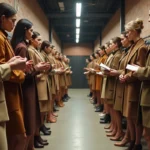 Groupe de mannequins en coulisses d'un défilé de mode se préparant avant leur passage sur le podium