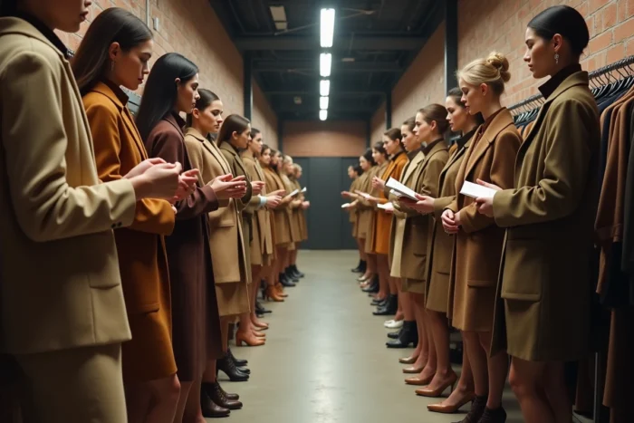 Groupe de mannequins en coulisses d'un défilé de mode se préparant avant leur passage sur le podium