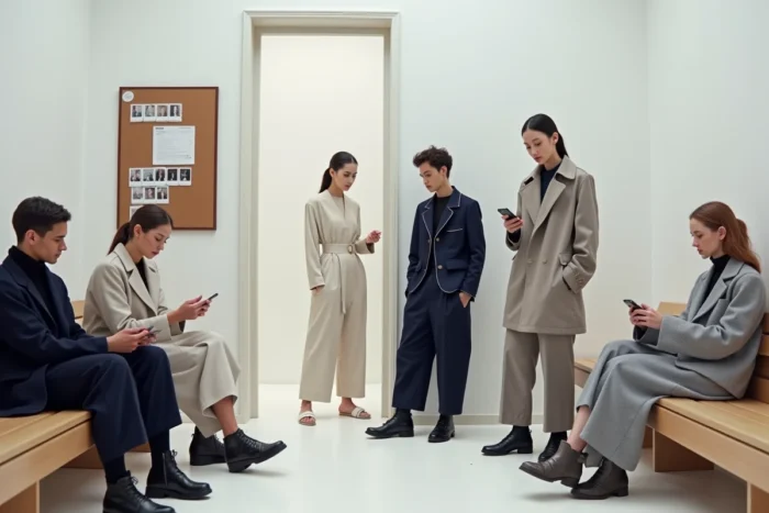 Mannequins en attente dans une salle de préparation lors d'un défilé de mode avec fiches de passage affichées