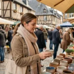 Femme explorant le marché des Lices à Rennes un matin de week-end, parcourant des étals artisanaux en plein air