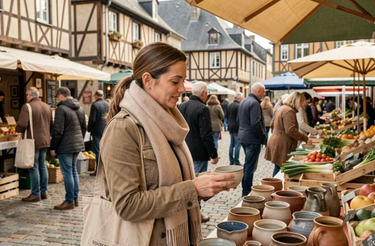 Femme explorant le marché des Lices à Rennes un matin de week-end, parcourant des étals artisanaux en plein air