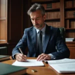 Notaire français examinant des documents de bail emphytéotique administratif dans son étude à Paris