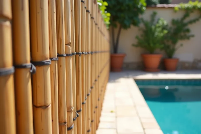 Panneaux de canisse en bambou naturel installés autour d'une piscine hors sol dans un jardin méditerranéen