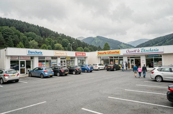 Parking et boutiques de Dancharia ouvertes le dimanche avec panneaux d'horaires visibles sur les devantures