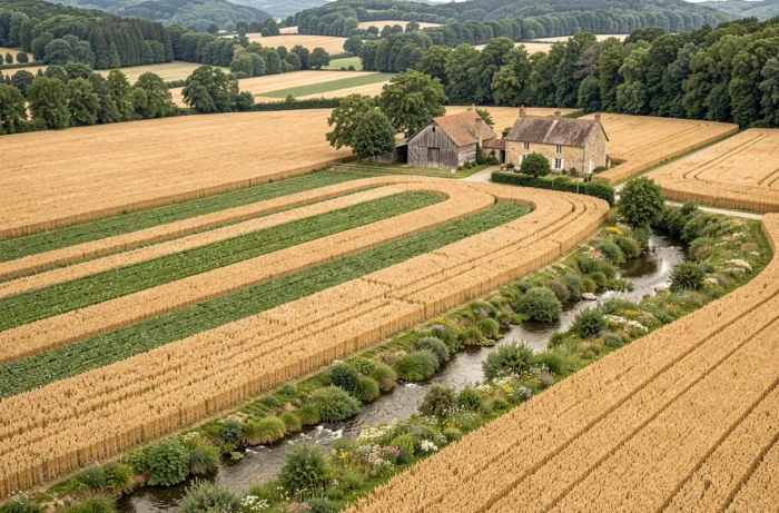 Vue aérienne d'un paysage agricole français combinant champs de blé, cultures intercalaires et corridors de fleurs sauvages autour d'une ferme en pierre traditionnelle, symbole de l'agriculture durable intégrée au territoire