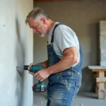 Artisan perçant un mur en béton cellulaire avec une perceuse sans fil et un foret à maçonnerie