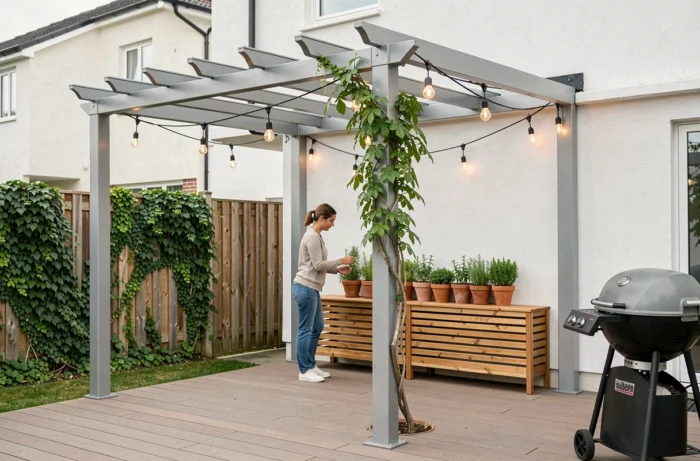 Pergola aluminium 4x3 intégrée à une maison moderne avec terrasse en composite et décoration végétale