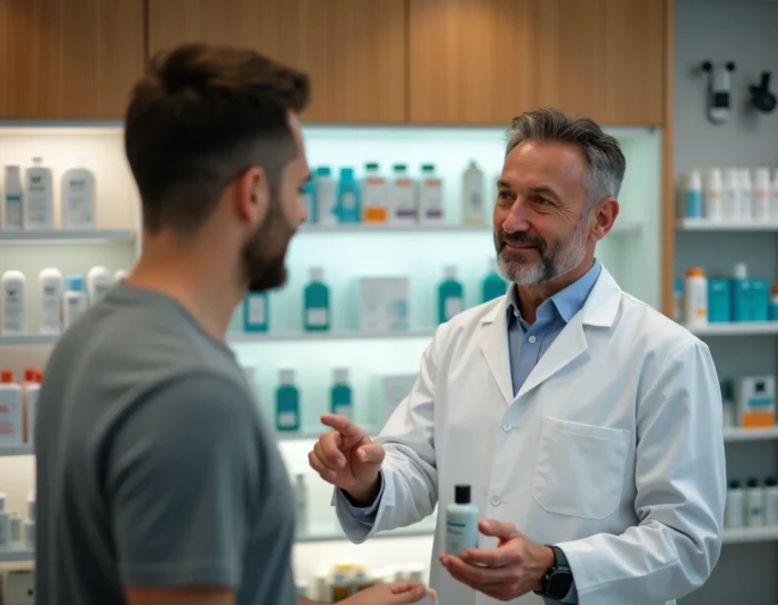 Pharmacien conseillant un client sur les traitements antibactériens pour la trichobactériose en pharmacie