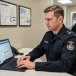 Policier en uniforme connecté à la plateforme e-campus de la police nationale pour sa montée en grade