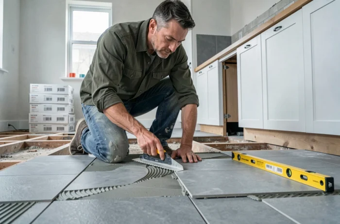 Homme posant des carreaux de céramique grise dans une cuisine en cours de rénovation