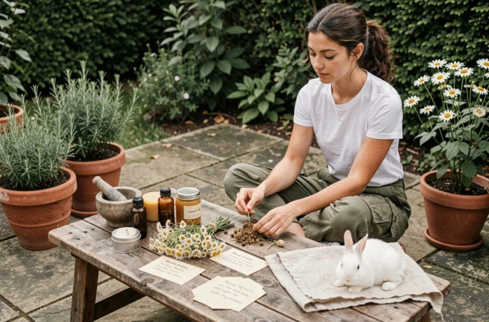 Jeune femme préparant des soins naturels faits maison pour animaux avec herbes séchées et huiles essentielles sur terrasse jardin