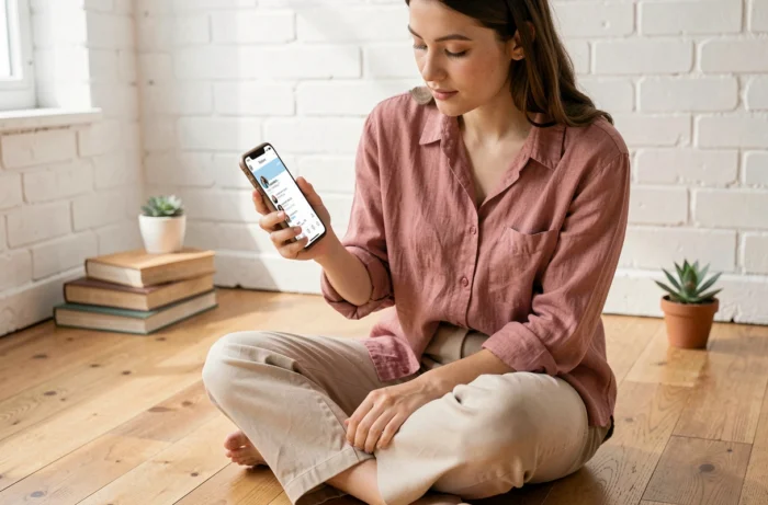 Jeune femme consultant son profil de réseau social sur smartphone dans un studio à domicile pour améliorer sa présence en ligne