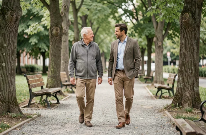 Un senior accompagné par un aidant professionnel lors d'une promenade dans un parc urbain verdoyant