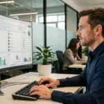 Professionnel B2B analysant un tableau de bord de prospection digitale sur un écran incurvé dans un bureau moderne