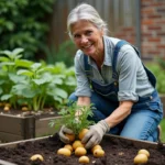 Femme récoltant des pommes de terre dans un potager surélevé compact en milieu urbain