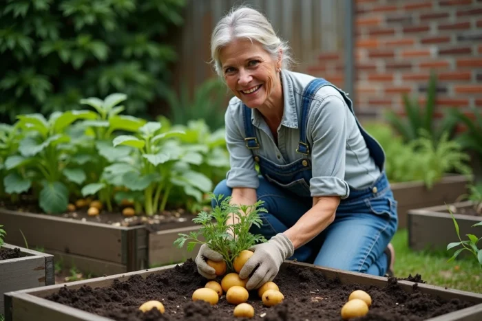 Femme récoltant des pommes de terre dans un potager surélevé compact en milieu urbain