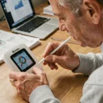 Homme réinitialisant une station météo La Crosse Technology avec un stylet sur un bureau à domicile
