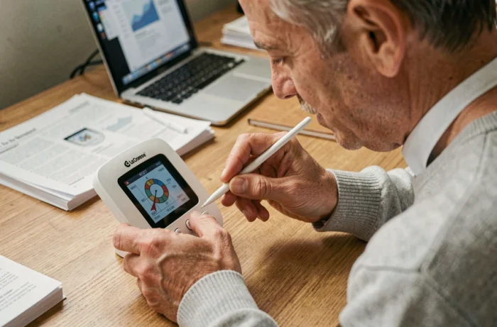 Homme réinitialisant une station météo La Crosse Technology avec un stylet sur un bureau à domicile