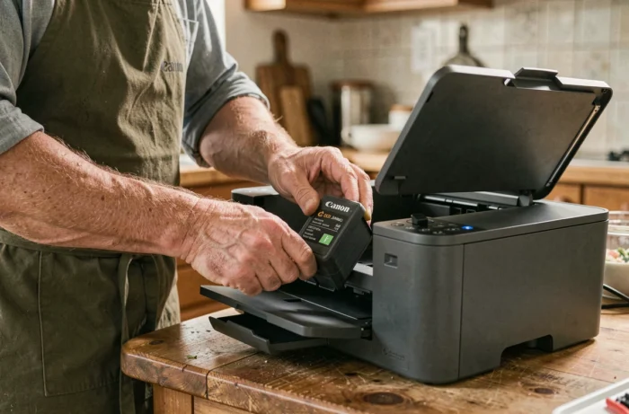 Mains réinsérant une cartouche d'encre Canon réinitialisée dans une imprimante sur une table en bois