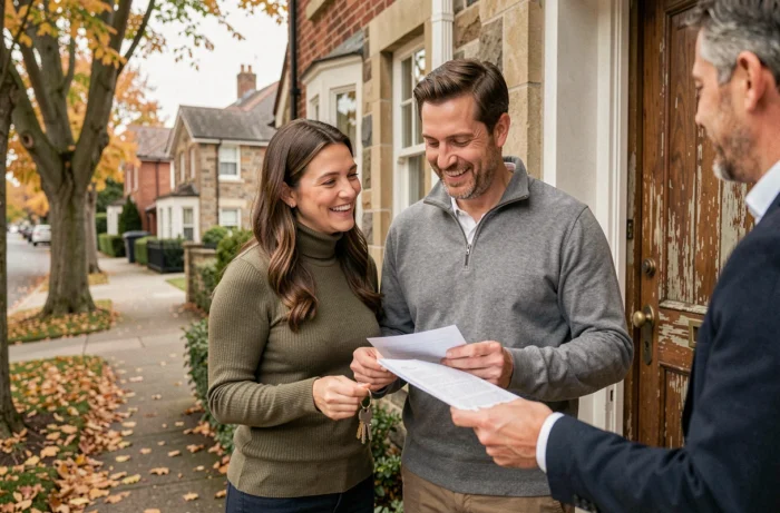 Couple heureux recevant les clés de leur nouvelle maison grâce à l'accompagnement d'un expert immobilier local