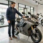 Homme examinant une moto sport-touring dans un showroom moderne, en remplacement d'une Yamaha R1