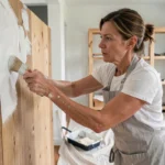 Femme en train de peindre un mur en blanc lors de travaux de rénovation intérieure de maison