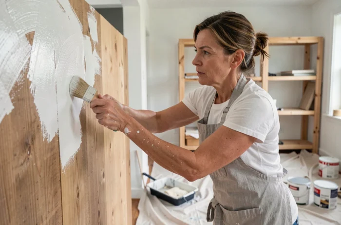 Femme en train de peindre un mur en blanc lors de travaux de rénovation intérieure de maison