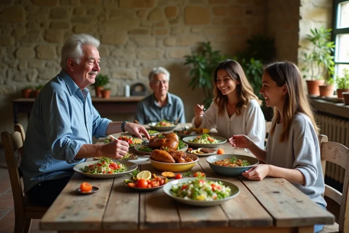 Famille réunie autour d'un repas convivial avec plats faits maison sur une table rustique en bois