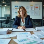 Responsable RH fatiguée face aux documents complexes de la GPEC dans une salle de réunion d'entreprise
