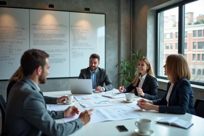 Équipe de professionnels en réunion stratégique dans une salle de conférence moderne avec graphiques et ordinateurs portables