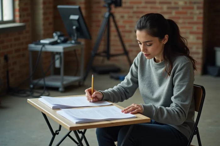 Scripte consultant ses pages de scénario dans les coulisses d'un tournage de série télévisée américaine