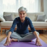Femme senior faisant des étirements sur un tapis de yoga dans son salon, exercice de souplesse à domicile pour personnes âgées