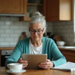 Senior femme aux cheveux argentés consultant une tablette numérique dans une cuisine chaleureuse