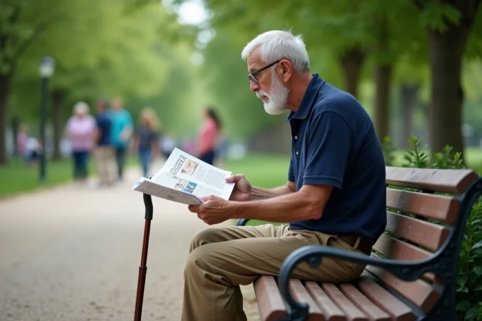Senior homme lisant un bulletin communautaire sur un banc de parc en ville