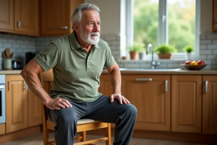 Homme senior s'exerçant avec une chaise en bois dans sa cuisine, exercice de renforcement musculaire à domicile pour seniors