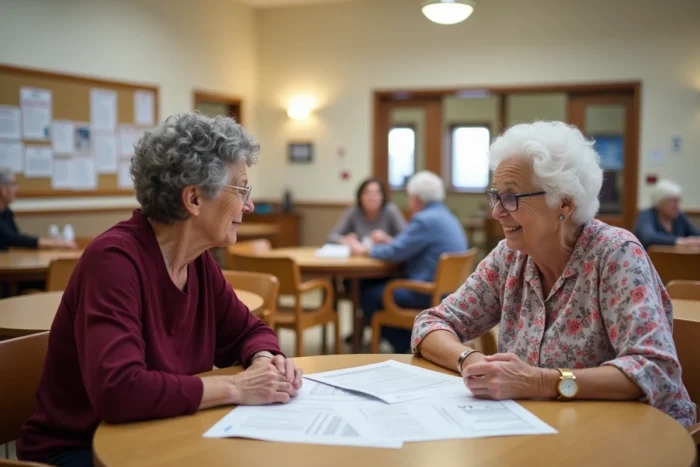 Deux femmes seniors discutant d'informations et conseils importants dans un centre communautaire
