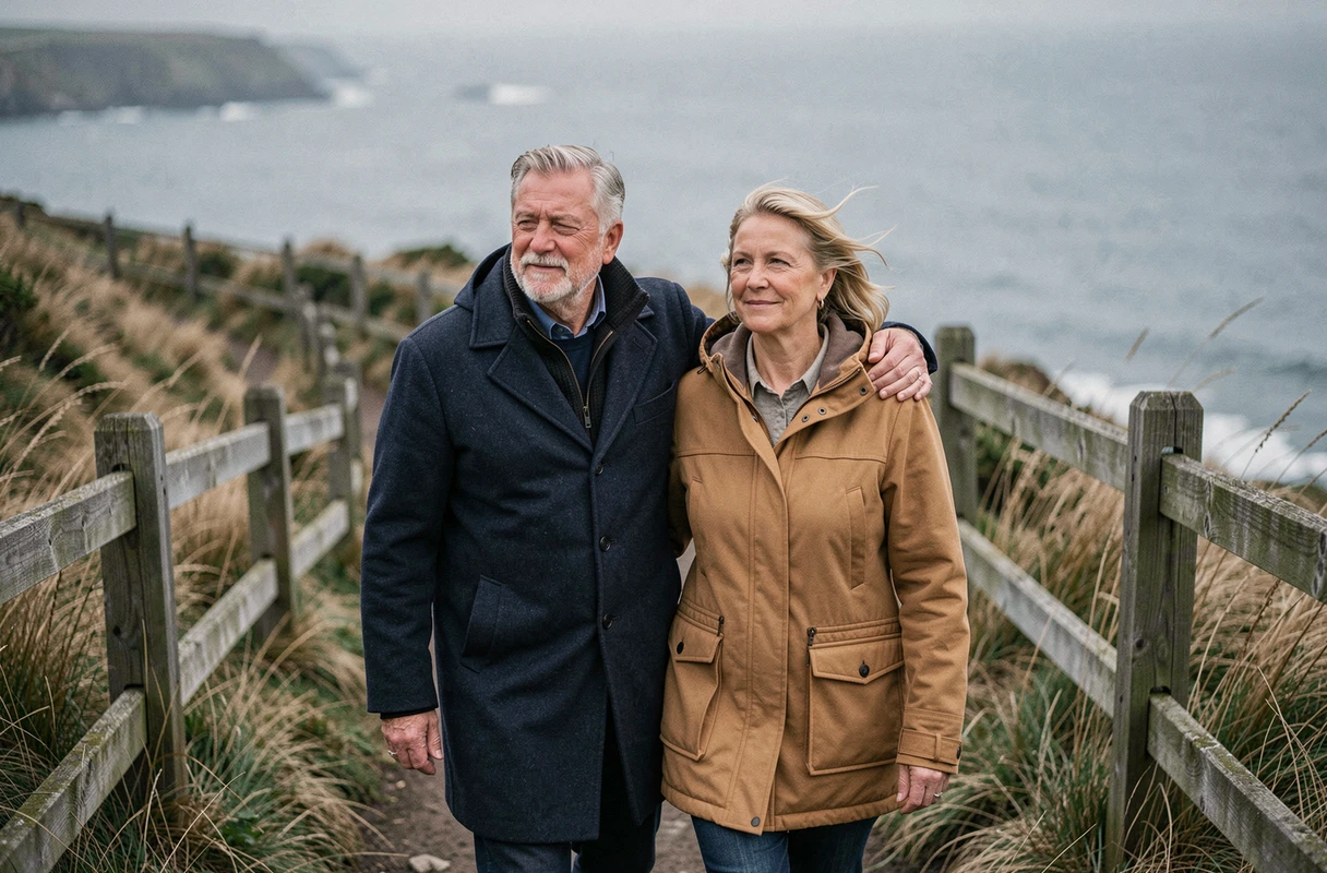 Couple mature marchant enlacé sur un sentier côtier, évoquant la profondeur et la durabilité des sentiments exprimés par je t'aime fort