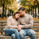 Couple complice assis sur un banc de parc en automne, illustrant la tendresse et la profondeur émotionnelle derrière l'expression je t'aime fort